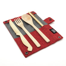 Load image into Gallery viewer, Bamboo Cutlery Set in Natural Cotton Pouch | Berry (Red)