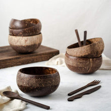 Load image into Gallery viewer, Coconut Bowls & Spoons Set | Natural Wooden Bowls | Cosmos Pattern
